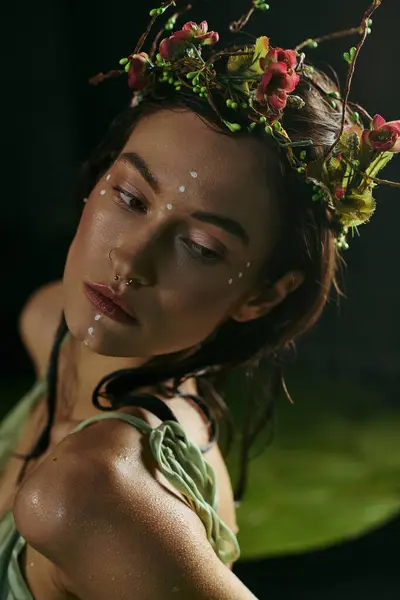Woman in flower crown stands near serene swamp. — Stock Photo