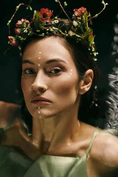 A woman with a flower crown gazes intensely at the camera in a swamp setting. — Stock Photo