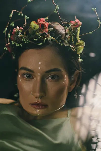 An attractive woman with a floral crown poses in a swamp. — Stock Photo
