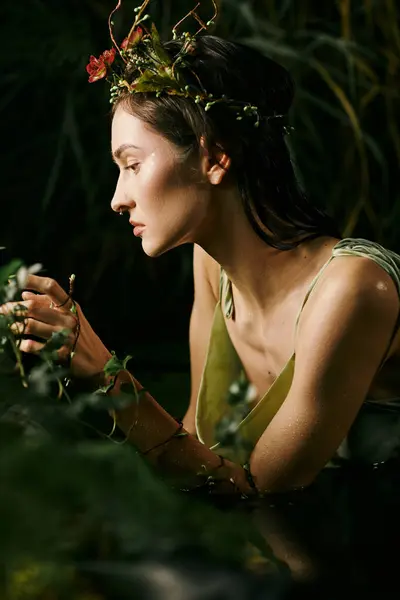 Eine Frau mit einer Blumenkrone sitzt in einem Sumpf, umgeben von üppigem Grün. — Stockfoto