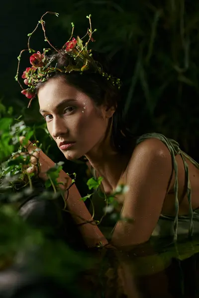 Enchanting woman adorned with flower crown in swamp surroundings. — Stock Photo