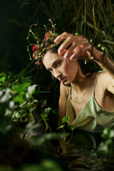 Una mujer con un vestido verde que fluye y una corona floral llega al agua en un pantano. - foto de stock