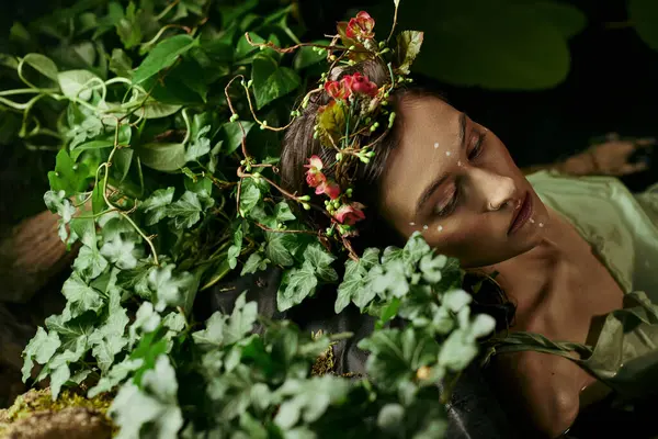 A woman wearing a floral crown poses amidst vibrant greenery. — Stock Photo