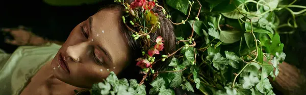 A woman with a floral crown rests in a verdant swamp setting. — Stock Photo