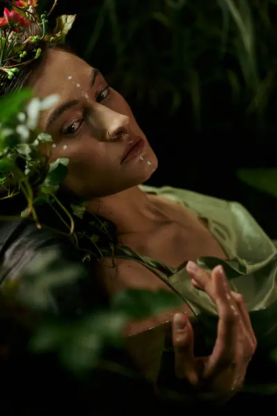 A woman poses in a lush, swampy setting, adorned with flowers and foliage. — Stock Photo