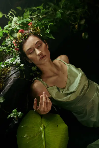 A woman in a green dress lies asleep amidst lush greenery near a swamp. — Stock Photo