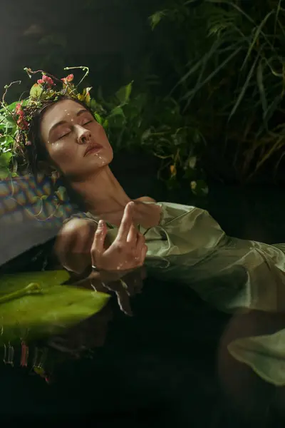 A woman wearing a floral crown lies in a swamp, surrounded by lush greenery. — Stock Photo