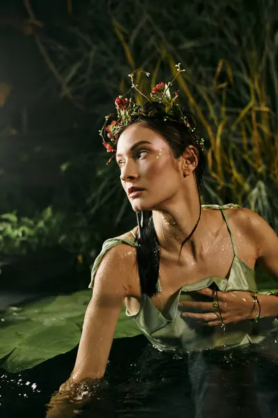 Uma mulher usando uma coroa floral posa em um pântano. — Fotografia de Stock