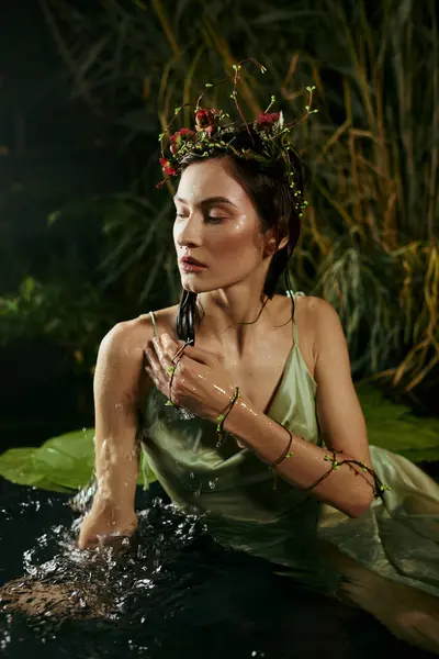 A woman wearing a flower crown poses in a swamp, the water splashing around her. — Stock Photo