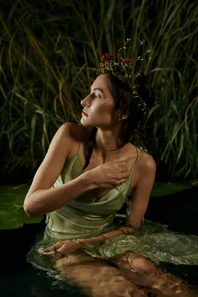 An attractive woman, wearing a floral crown, sits in a swamp, gazing at the twilight sky. — Stock Photo