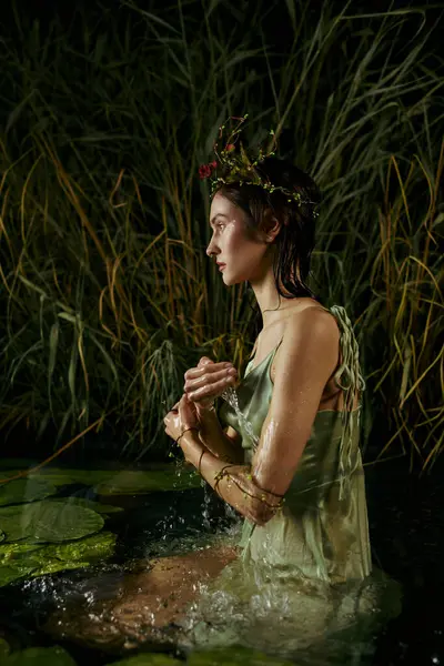 A woman wearing a crown of greenery bathes in a swamp, surrounded by tall grasses. — Stock Photo