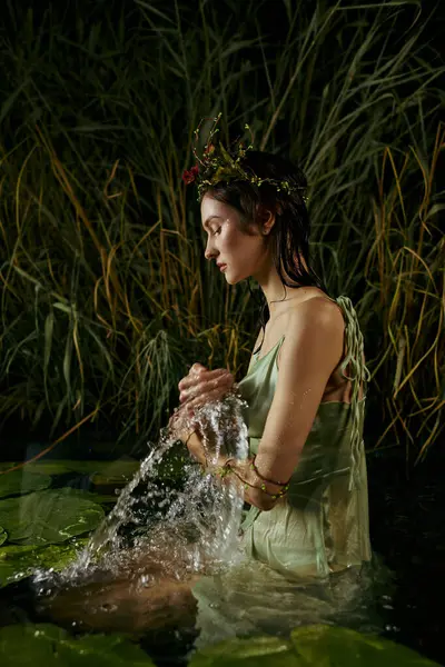 A woman wearing a floral crown sits in a swamp, gracefully splashing water with her hands. — Stock Photo