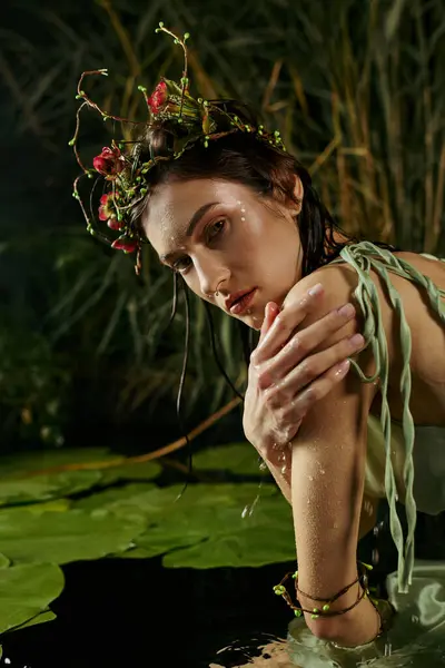 A woman wearing a floral crown poses in a swamp setting. — Stock Photo