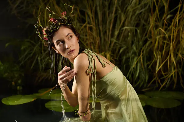 A graceful woman in a green dress with a flower in her hair poses near a swamp. — Stock Photo