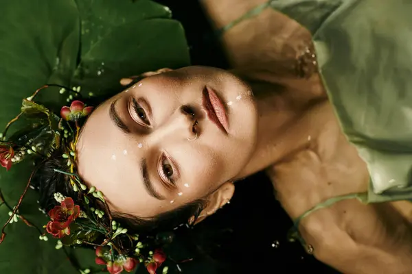 A portrait of a woman in a swamp, adorned with flowers. — Stock Photo