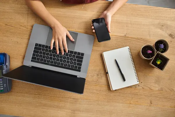 A woman working on a laptop in her plant shop, showcasing the busy life of a small business owner. — Stock Photo
