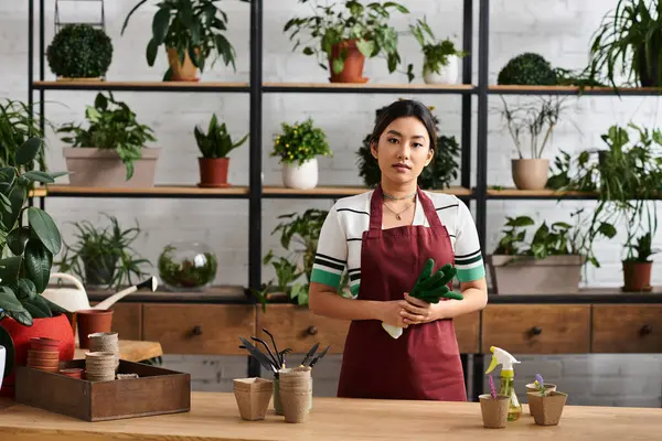 Une belle femme asiatique dans un tablier se tient dans sa boutique de plantes, montrant son amour pour la verdure et l'entrepreneuriat. — Photo de stock