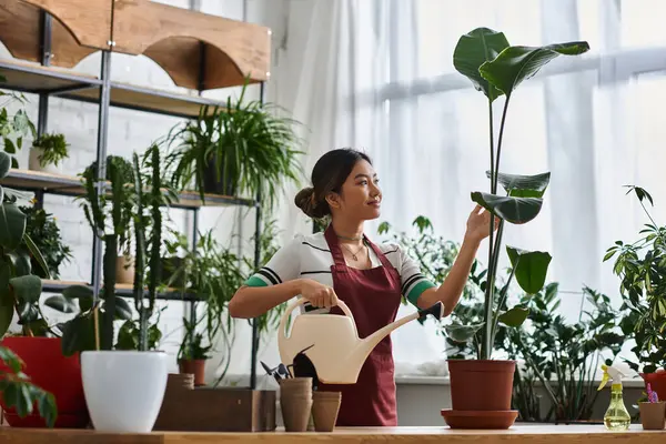 An Asian woman in an apron waters plants in her flower shop. — Stock Photo