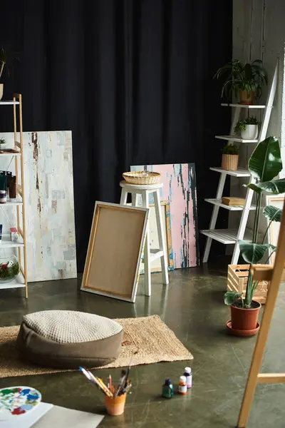 A well-lit studio with a large canvas, a stool, and a rug, ready for creative expression. — Stock Photo