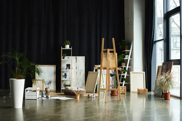 A spacious studio with an easel and canvases, ready for a young artist to create. — Stock Photo