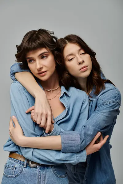Two stylish young women in denim attire pose for a portrait against a grey backdrop. — Stock Photo