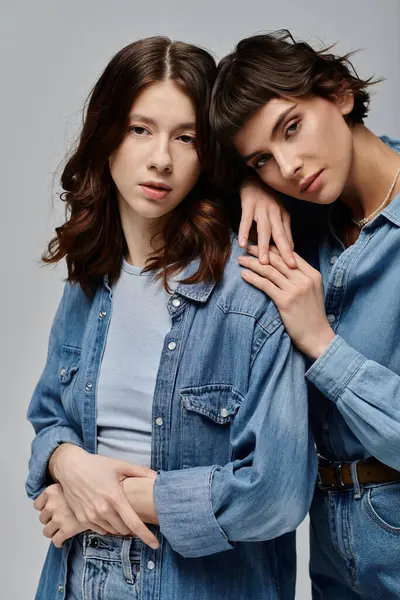 Two young women in denim outfits pose against a grey backdrop, showcasing their stylish and affectionate bond. Lesbian couple — Stock Photo