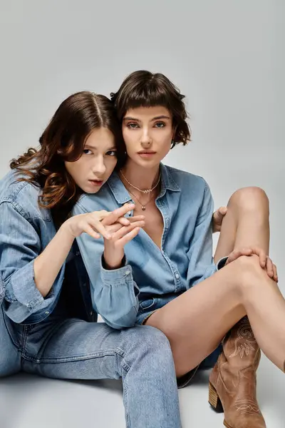 Two stylish young women in denim attire pose against a gray background. — Stock Photo