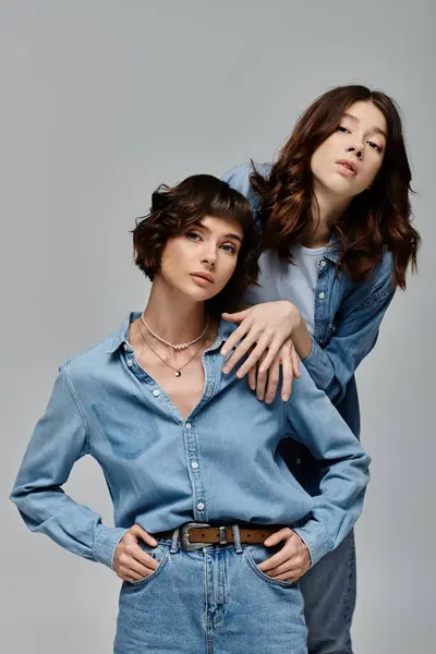 Two stylish young women in denim attire pose on a grey background. Lesbian couple — Stock Photo