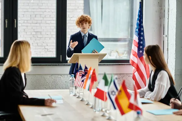 Teens engage in a UN Model conference, discussing global issues. — Stock Photo