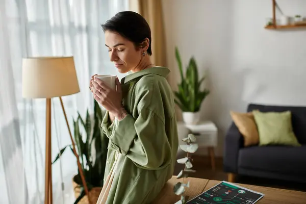 Woman in green shirt sips coffee by window, enjoying peace at home. — Stock Photo