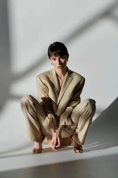A woman in a beige suit poses in a studio setting against a white backdrop. — Stock Photo