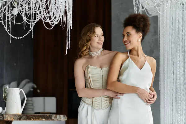 Two brides in white dresses, smiling and looking at each other on their wedding day. — Stock Photo