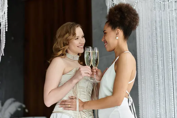 Two brides in white wedding dresses raise their champagne glasses in a loving toast. — Stock Photo