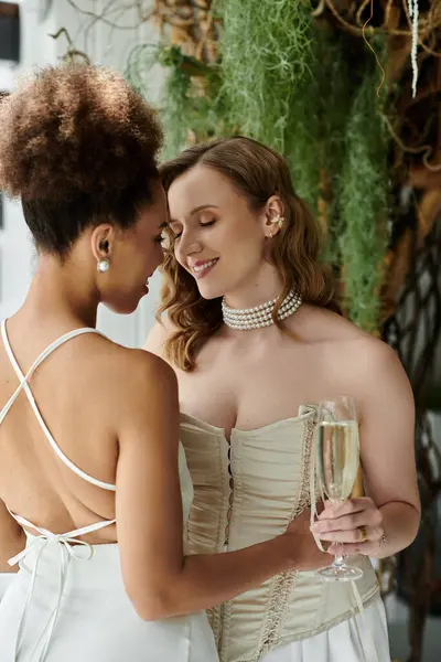 Ein liebevolles lesbisches Paar teilt einen zärtlichen Moment am Hochzeitstag. — Stockfoto