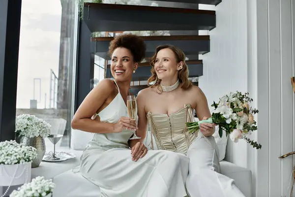 Duas noivas em vestidos de casamento brancos brindam um ao outro com champanhe. — Fotografia de Stock