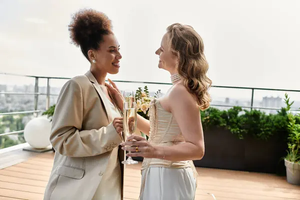 A lesbian couple shares a toast on their wedding day, surrounded by a beautiful cityscape. — Stock Photo