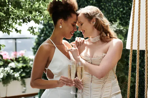 Лесбийская пара празднует день своей свадьбы тостом с шампанским в окружении пышной зелени. — стоковое фото