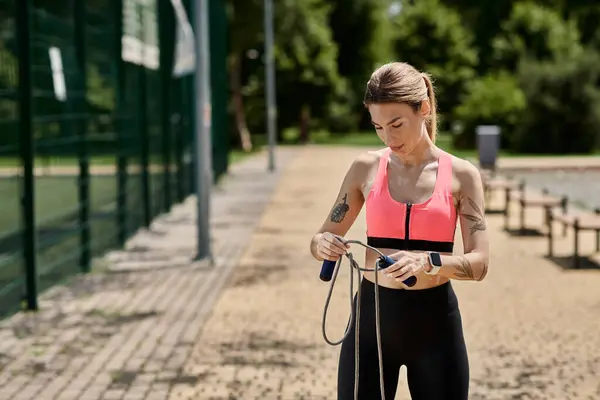 A young woman in a pink sports bra and black leggings prepares to workout in a park, holding a jump rope. — Stock Photo