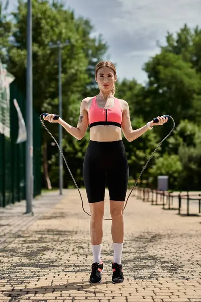 Une jeune femme vêtue d'un haut rose et d'un short noir saute à la corde sur un sentier pavé dans un parc. — Photo de stock