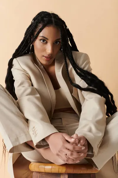 A young woman with braids sits in a relaxed pose, wearing a stylish beige outfit. — Stock Photo