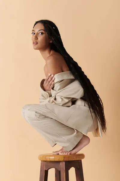 A young woman with long braids sits on a wooden stool, wearing a stylish beige outfit. — Stock Photo
