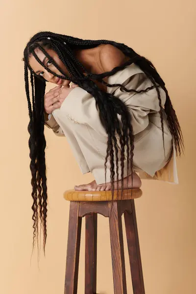 A young Black woman in a white shirt poses on a wooden stool against a beige backdrop, her long braids cascading down her back. — Stock Photo