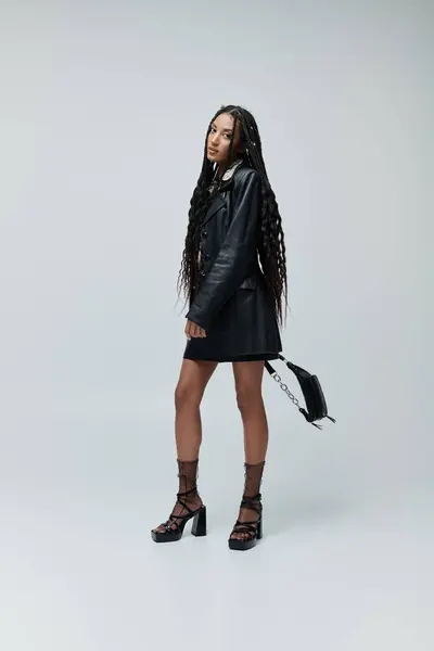 A stylish young woman poses in a black leather jacket and skirt, her confident gaze captivating. — Stock Photo