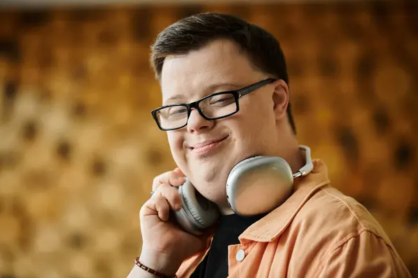 A man with Down syndrome smiles warmly while wearing headphones, showcasing the beauty of diversity. — Stock Photo