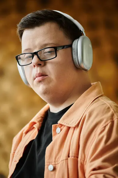 A young man with Down syndrome relaxes with headphones in a cafe, enjoying a moment of peace. — Stock Photo