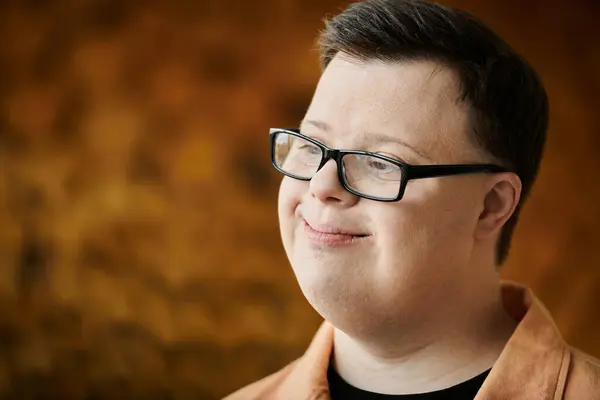 A man with Down syndrome smiles contentedly as he enjoys his day — Stock Photo