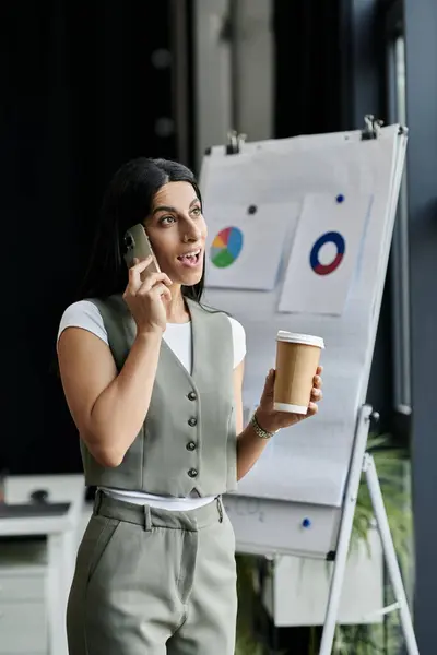 A woman working at a startup smiles and holds a cup of coffee while on a phone call. — Stock Photo
