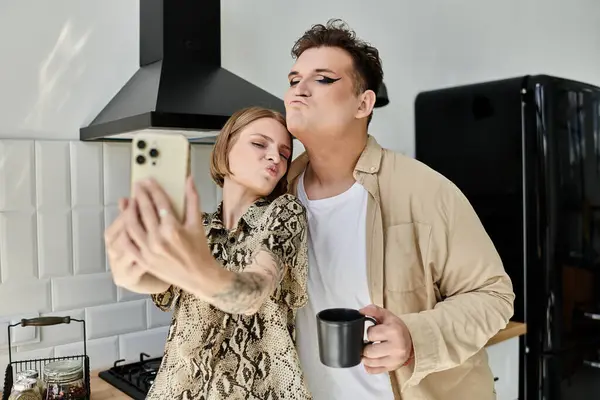 Two friends enjoy a joyful moment together while taking a selfie at home. — Stock Photo