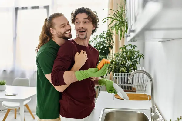 Loving partners share laughter and joy while preparing food at home. — Stock Photo