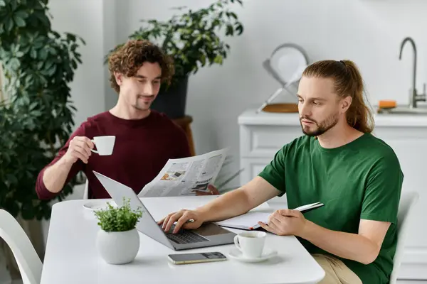 A loving couple shares a serene morning, balancing work and relaxation. — Stock Photo